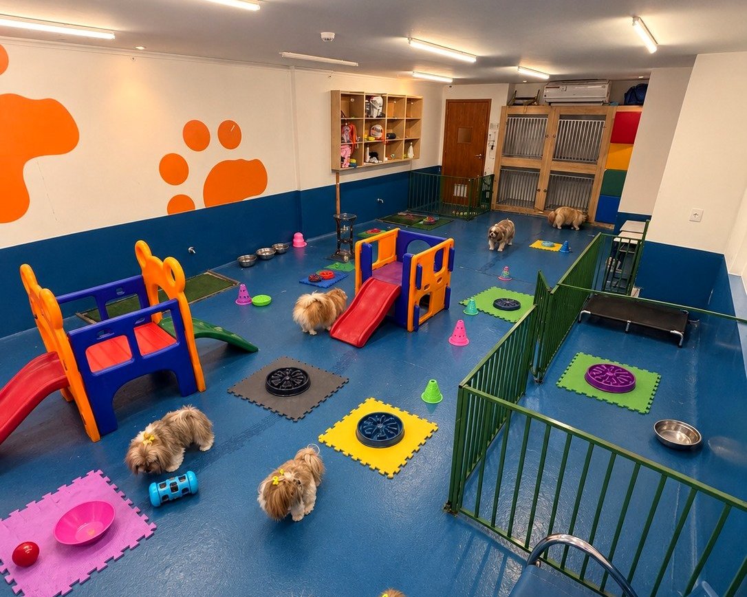 Cães soltos brincando na área de creche, em vez de presos em baias esperando o banho