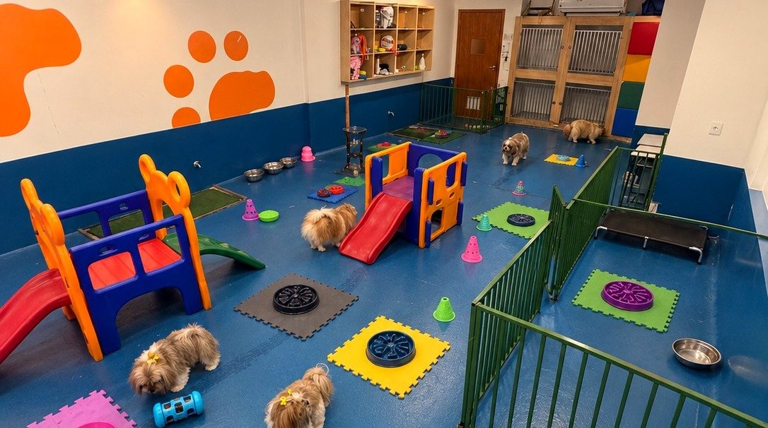 Área de creche com circuito de atividades e brinquedos de enriquecimento