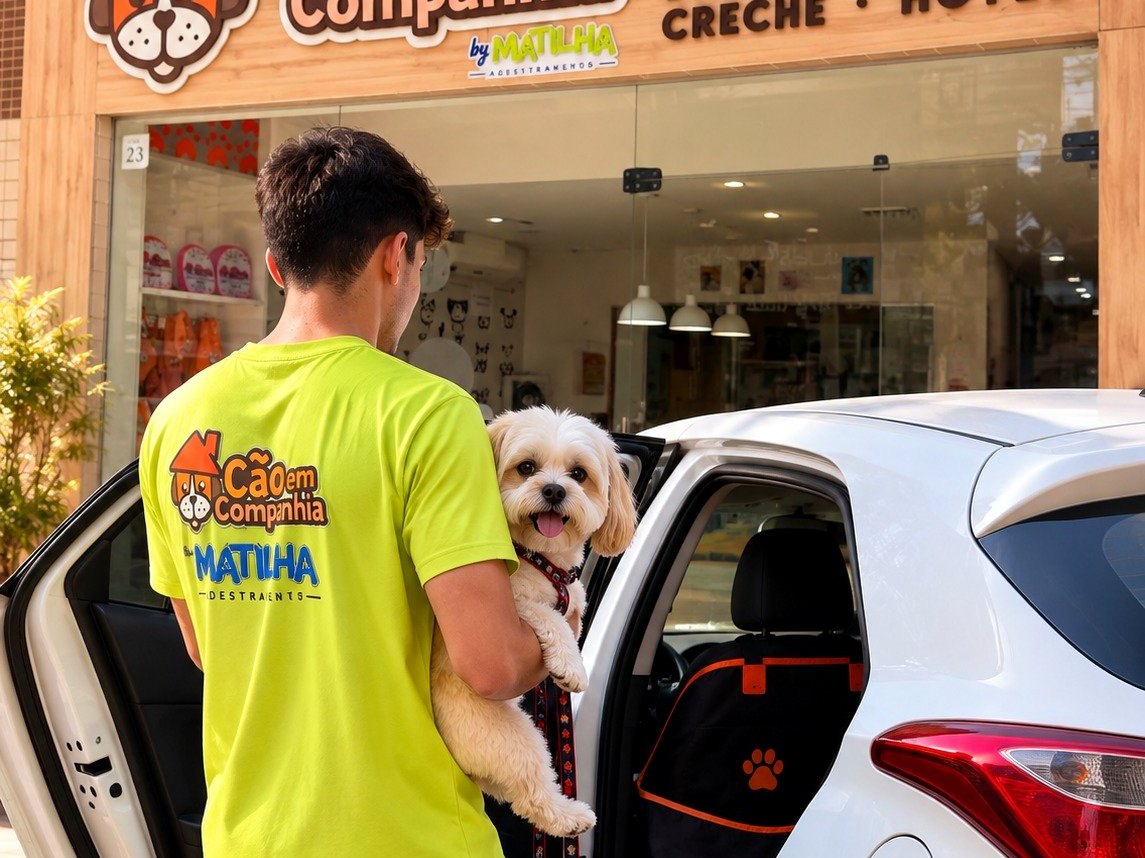 Profissional da Cão em Companhia levando um cão ao carro do táxi dog